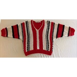 Vintage Rainbow Ridge Sweater L Red Black Cream Crochet Knit 3/4 Sleeve Pullover